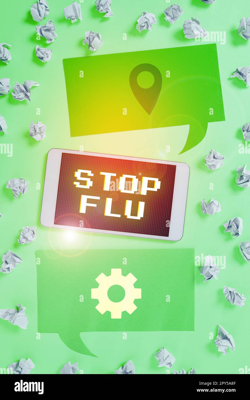 Handschrift Schild Stop Grippe. Internetkonzept Behandlung der ansteckenden Atemwegserkrankung durch Influenzavirus Stockfoto