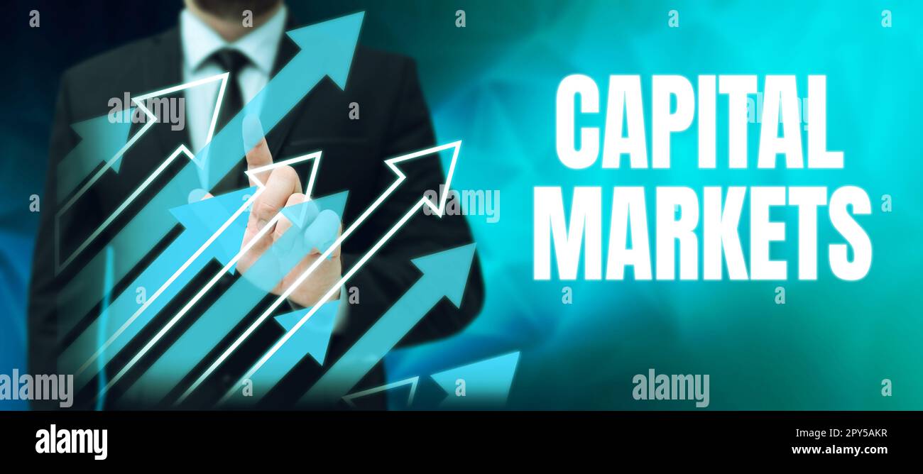 Konzeptionelle Darstellung Kapitalmärkte. Mit der Geschäftsausstellung können Unternehmen Mittel beschaffen, indem sie Marktsicherheit bieten Stockfoto