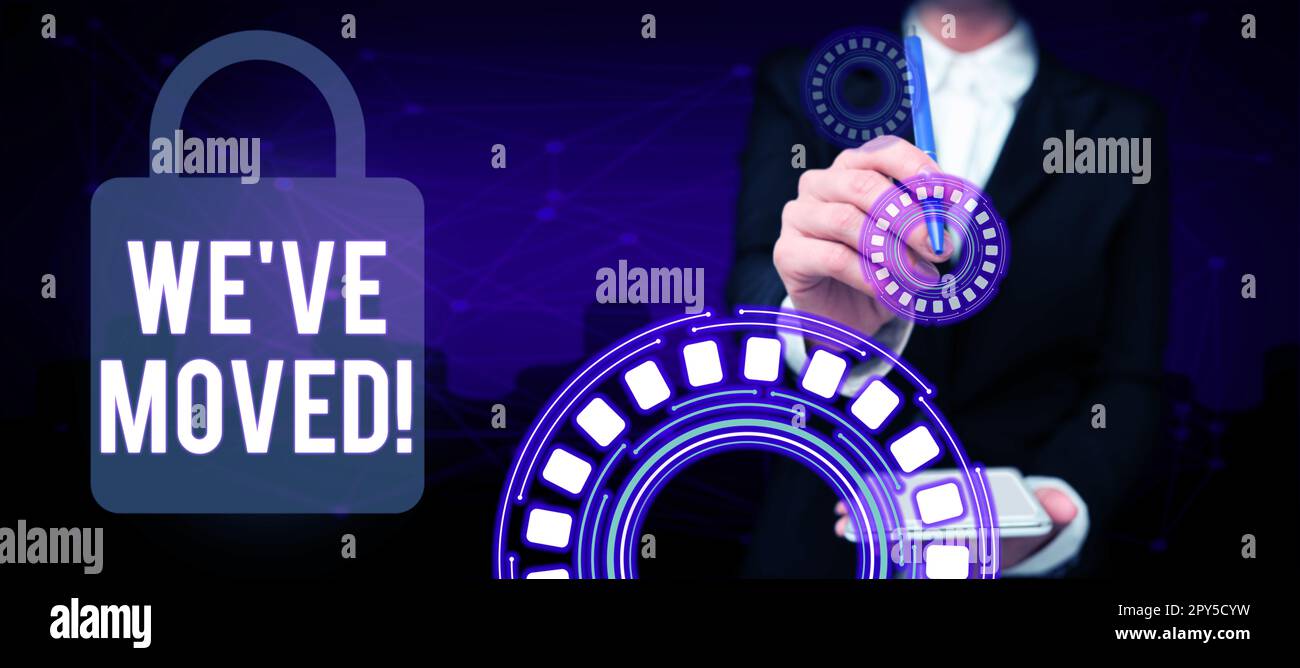 Die Inspiration zeigt ein Zeichen, dass wir umgezogen sind. Ein Wort für ein Leben von einem anderen Ort, von demselben oder einem anderen Land Stockfoto