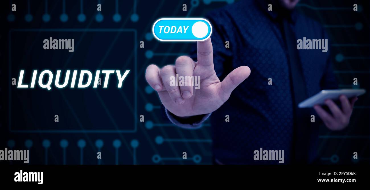 Konzeptionelle Liquidität der Anzeige. Word für Bargeld und Banksalden Markliquidität Stundungsaktien Stockfoto