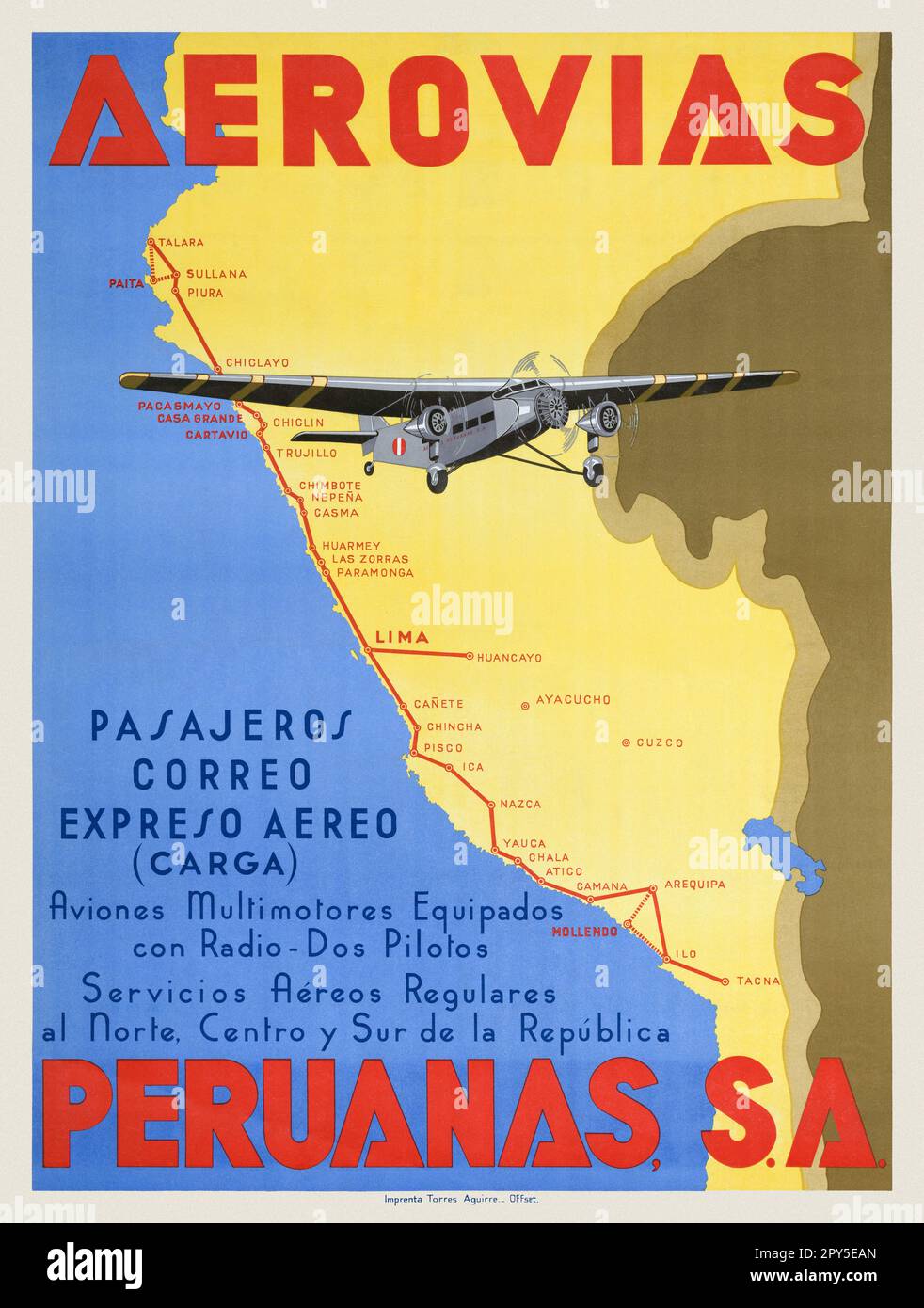 Aerovias Peruanas S.A. Künstler unbekannt. Poster veröffentlicht 1936 in Peru. Stockfoto