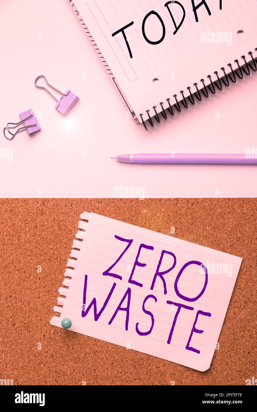 Handschrift Schild Null Abfall. Das Wort für industrielle Verantwortung umfasst Kompostierung, Recycling und Wiederverwendung Stockfoto