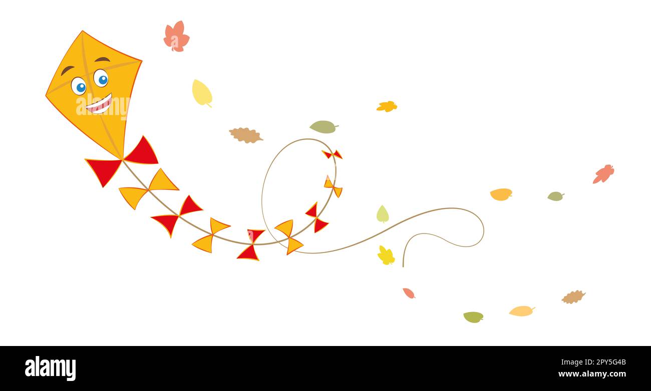 Papierdrachen, traditionelles Kinderspielzeug mit freundlichem lachenden Comic-Gesicht, das im Wind fröhlich winkt und tanzt, umgeben von bunten Herbstblättern. Stockfoto