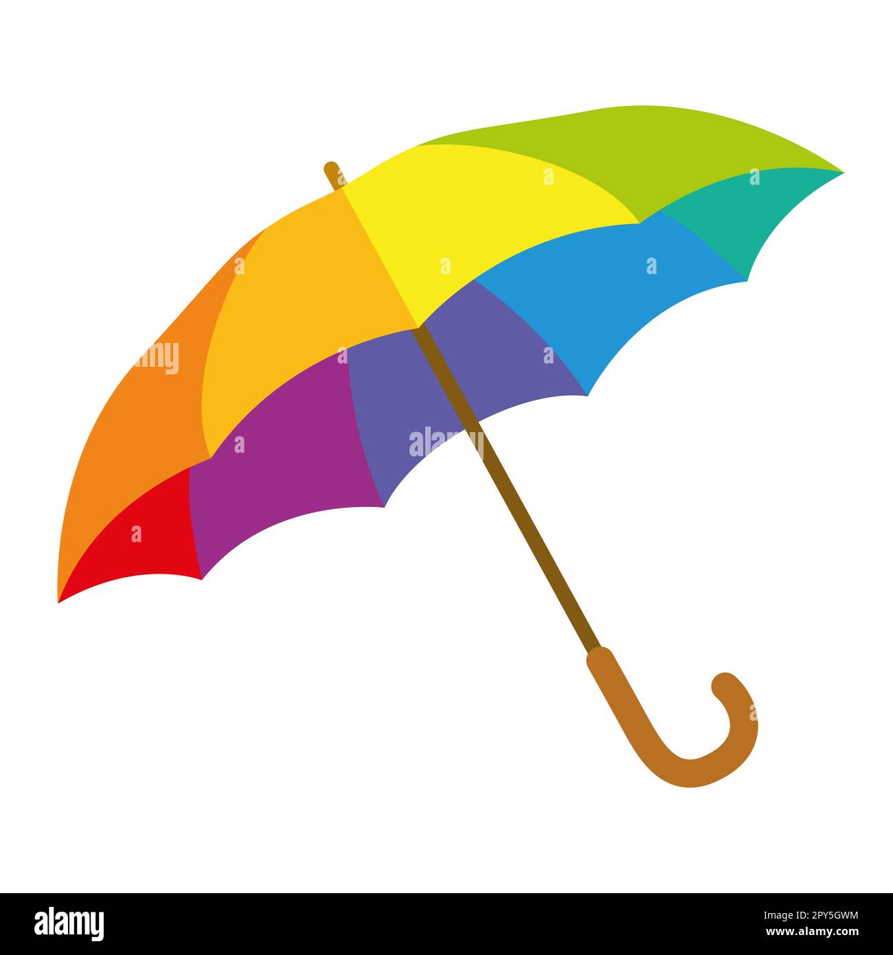 Offener Regenschirm in Regenbogenfarben mit braunem Holzgriff – sorgt bei jedem Wetter für Freude, egal ob Regen, Nieselregen, Schnee oder Hagel. Stockfoto