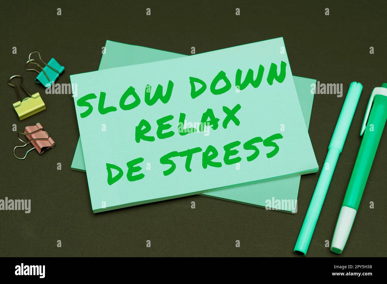 Text mit Inspiration Slow Down Relax De Stress. Business Concept Have a Break Stresspegel reduzieren Ruhe bewahren Stockfoto