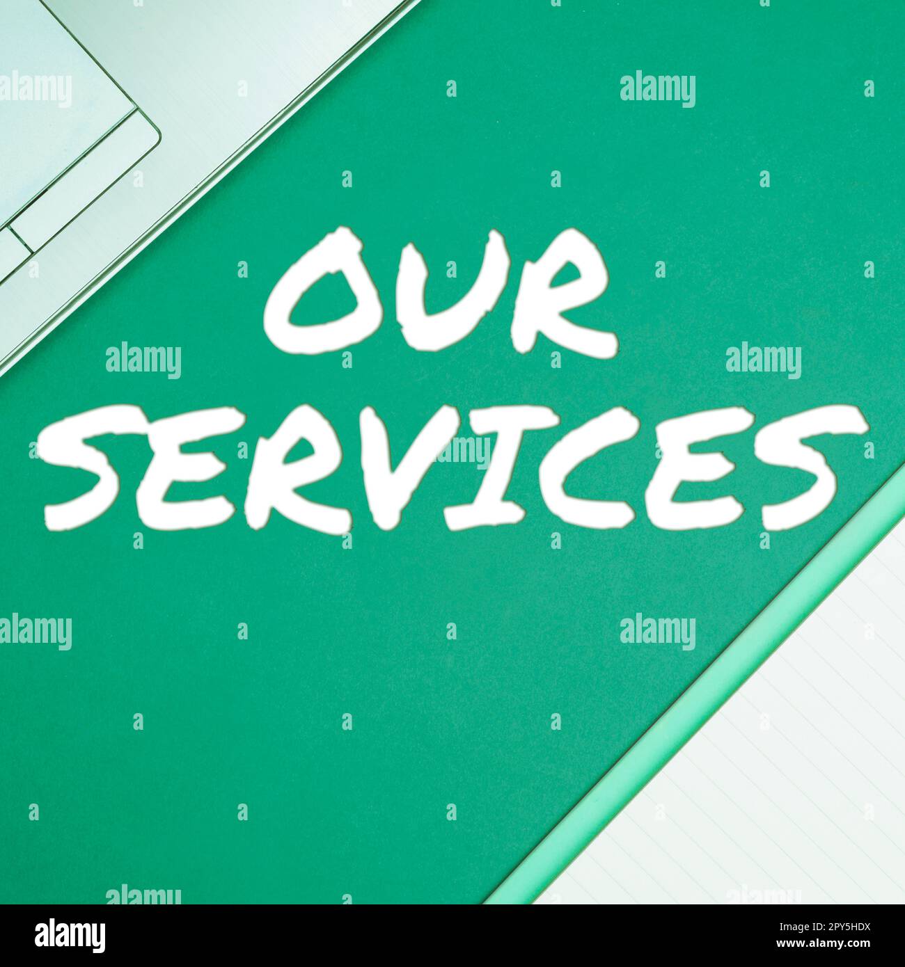 Konzeptionelle Bildunterschrift Unsere Dienstleistungen. Internetkonzept Beruf oder Funktion des Servierens immaterieller Produkte Stockfoto