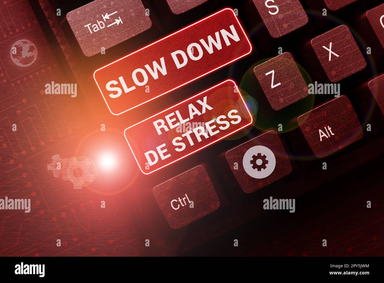Handgeschriebener Text langsamer Relax De Stress. Geschäftsansatz Pause Stresspegel reduzieren Ruhe bewahren Stockfoto