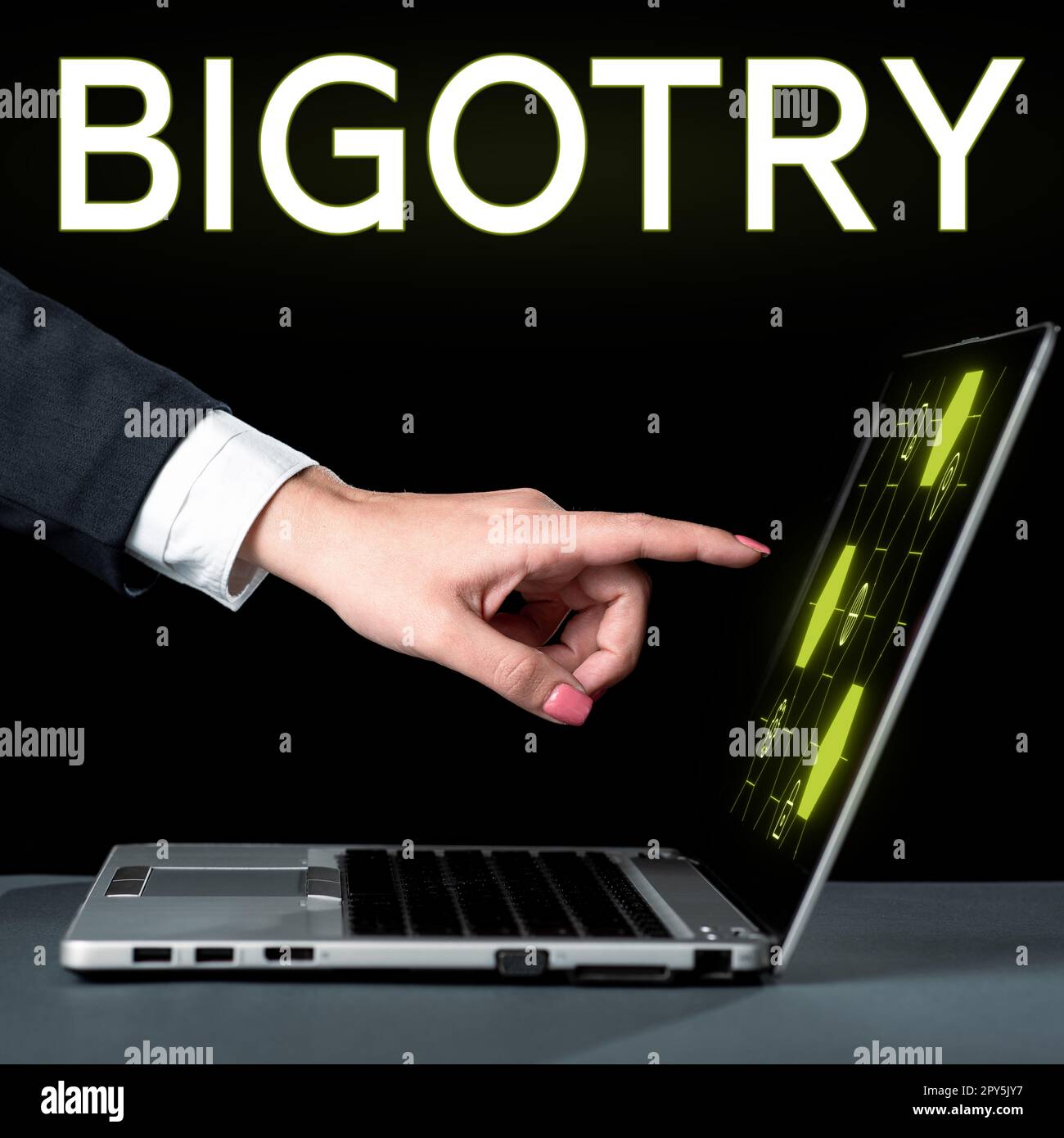 Handschriftlicher Text Bigotterie. Internetbegriff starrköpfige oder intolerante Hingabe zu eigenen Meinungen und Vorurteilen Stockfoto