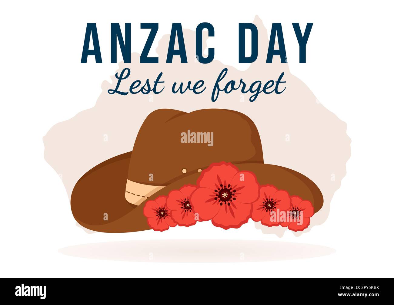 Anzac Day of Lest We Forget Illustration mit Remembrance Soldier Paying Respect und Red Poppy Flower in Flat Hand Drawn für Landing Page Templates Stockfoto