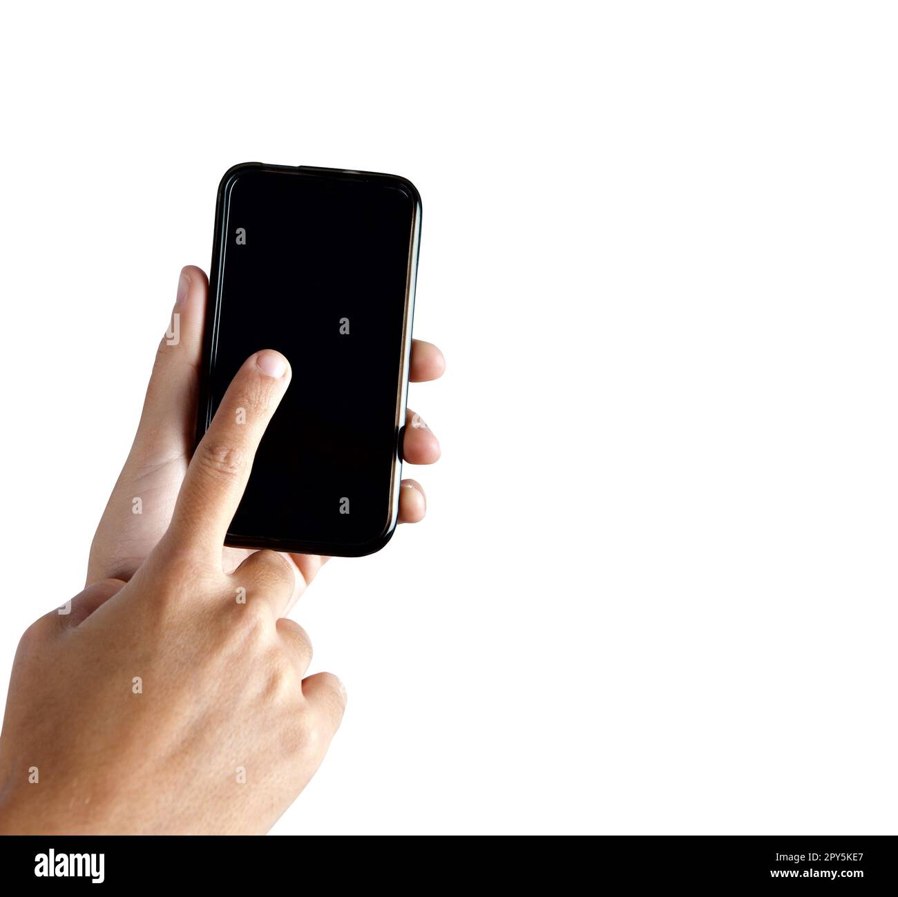 Der Finger berührt den Bildschirm eines Smartphones. Technologiekonzept Stockfoto