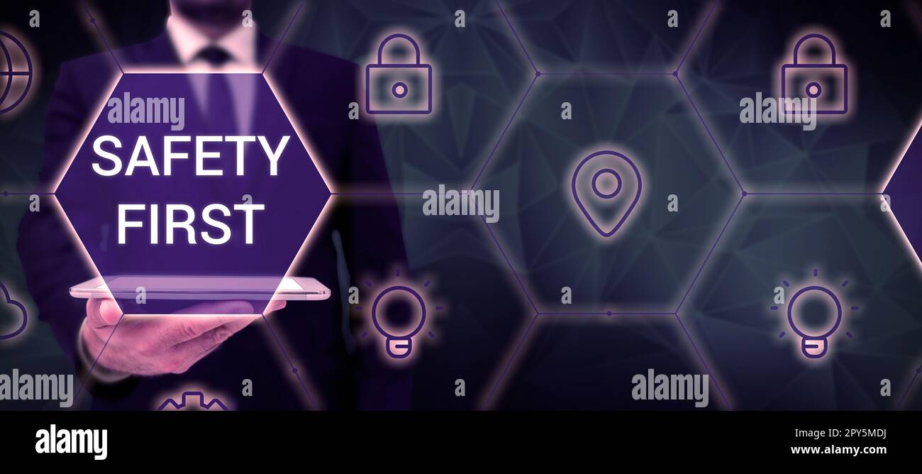 Konzeptunterschrift Sicherheit geht vor. Wort für Vermeidung von unnötigen Risiken sicher leben Vorsicht walten lassen Stockfoto