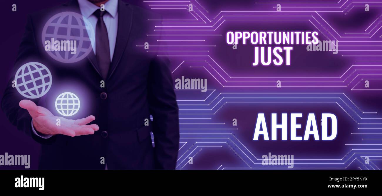 Schreiben und Anzeigen von Textmöglichkeiten direkt vor uns. Geschäftsüberblick Zusammenstellung von Umständen, die es ermöglichen, etwas in kurzer Zeit zu tun Stockfoto