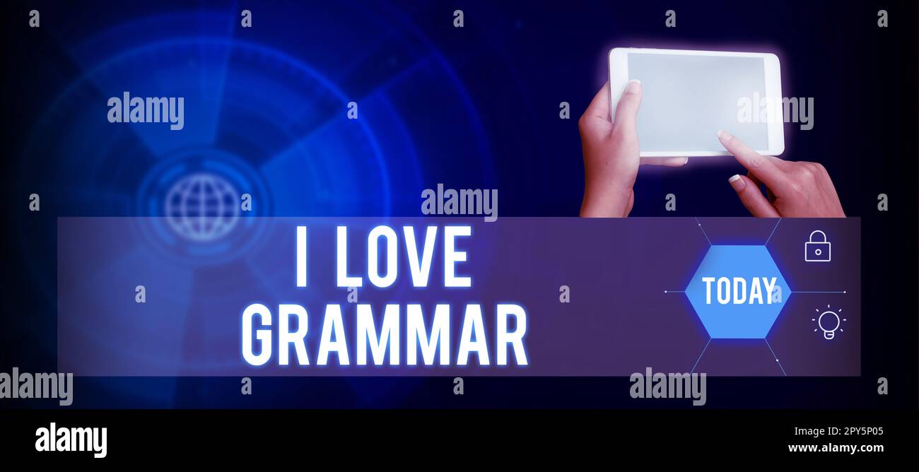 Konzeptionelle Beschriftung I Love Grammar. Unternehmerische Ideenakte der Bewunderung von System und Sprachstruktur Stockfoto