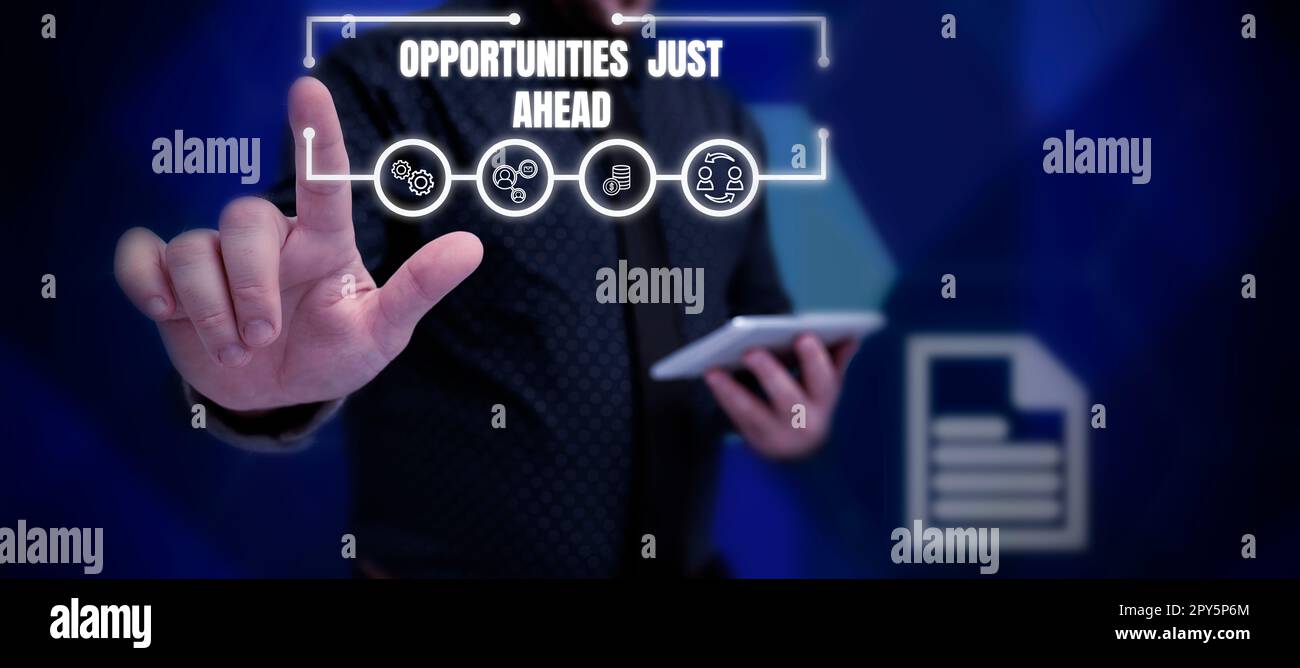 Textzeichen, das die Chancen direkt vor Ihnen anzeigt. Unternehmen zeigen eine Reihe von Umständen, die es ermöglichen, etwas in kurzer Zeit zu tun Stockfoto