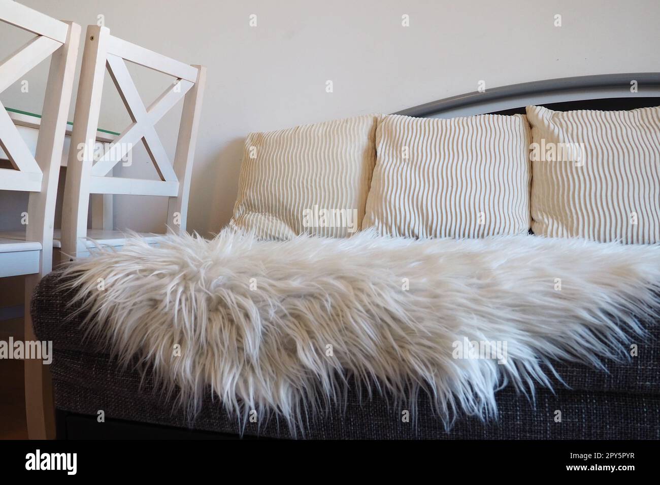 Graues Sofa mit Polsterbezug und weißen, dekorativen Kissen. Weißer Teppich oder Bettüberwurf aus Kunstfell mit langem Stapel. Wohnzimmereinrichtung. Holzstühle. Stockfoto