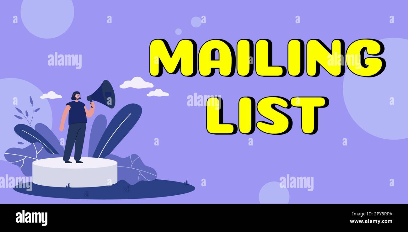 Unterschreiben Sie, um die Mailingliste anzuzeigen. Wort für eine Liste von Personen, die eine regelmäßige Mailing-Verteilung abonnieren Stockfoto