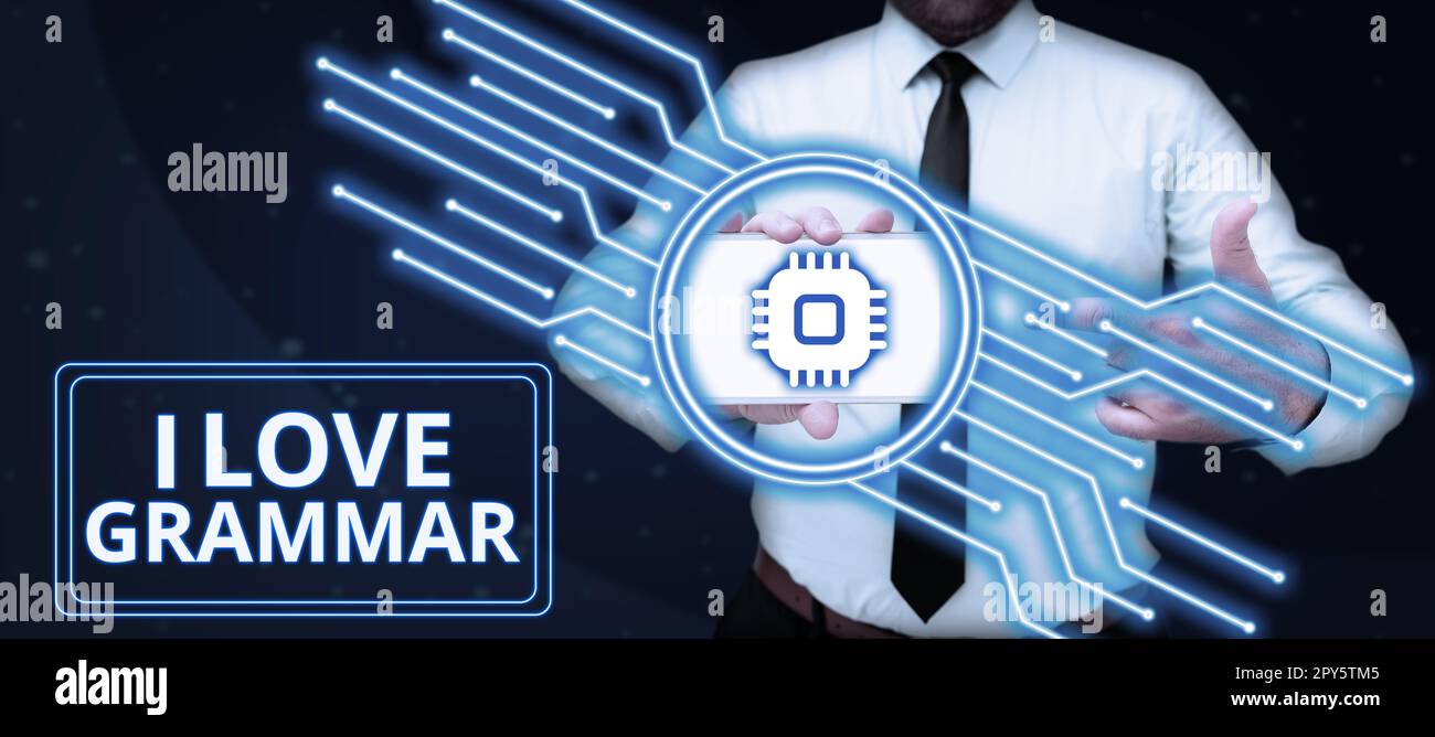 Handschrifttext I Love Grammar. Internetbegriffshandlung des Bewunderungssystems und der Sprachstruktur Stockfoto