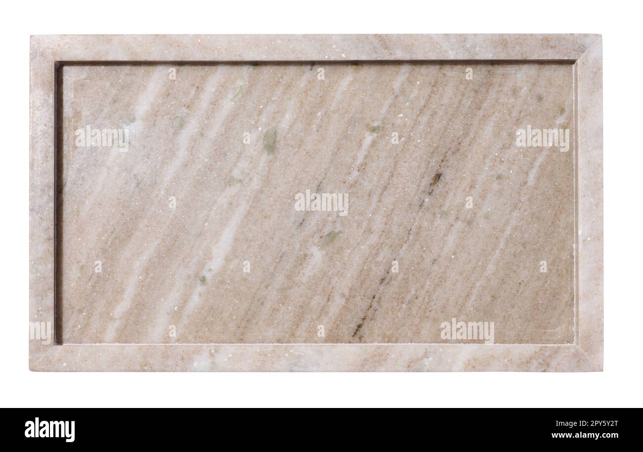Leere beige rechteckige Marmorplatte auf einem weißen isolierten Hintergrund, Draufsicht Stockfoto