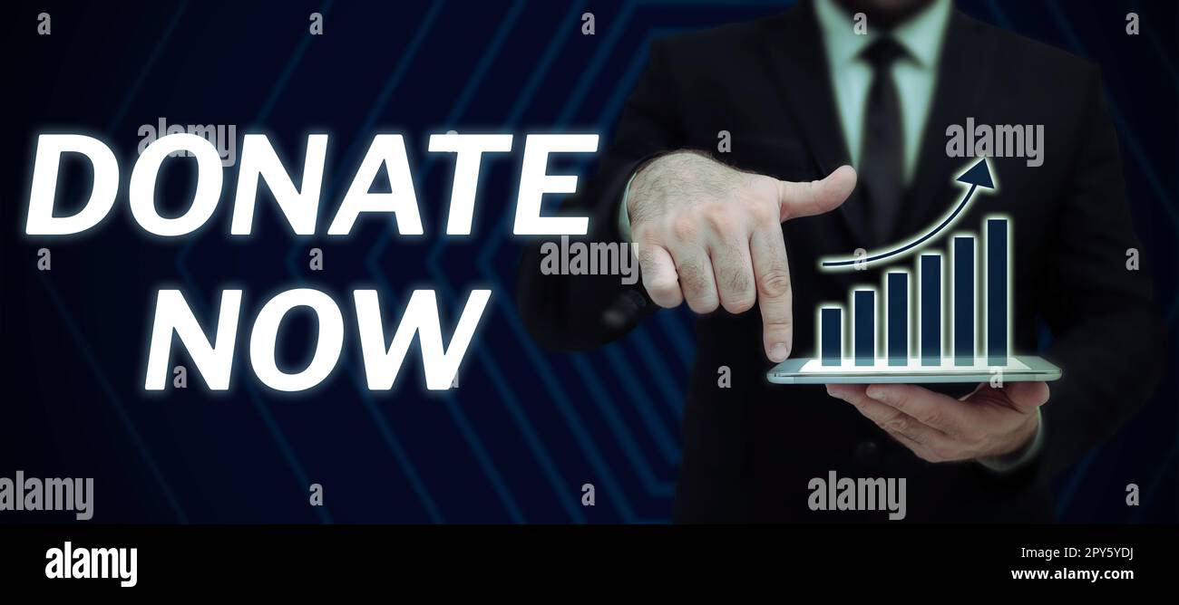Konzeptionelle Beschriftung Jetzt spenden. Geschäftsidee, um einer Wohltätigkeitsorganisation oder einem anderen Zweck etwas wie Geld oder Waren zu spenden Stockfoto