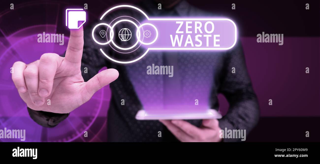 Handschrift Schild Null Abfall. Das Internet-Konzept industrielle Verantwortung umfasst Kompostierung, Recycling und Wiederverwendung Stockfoto