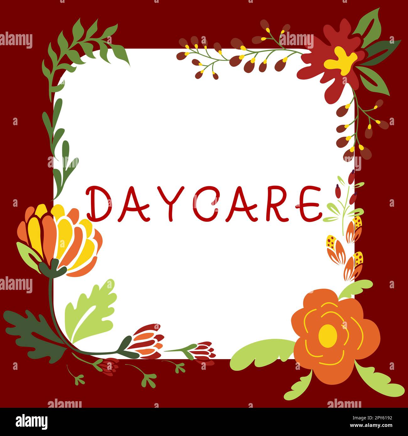 Schreiben des Textes Daycare. Wort für die Betreuung von Vorschulkindern, damit ihre Eltern Vollzeit arbeiten können Stockfoto