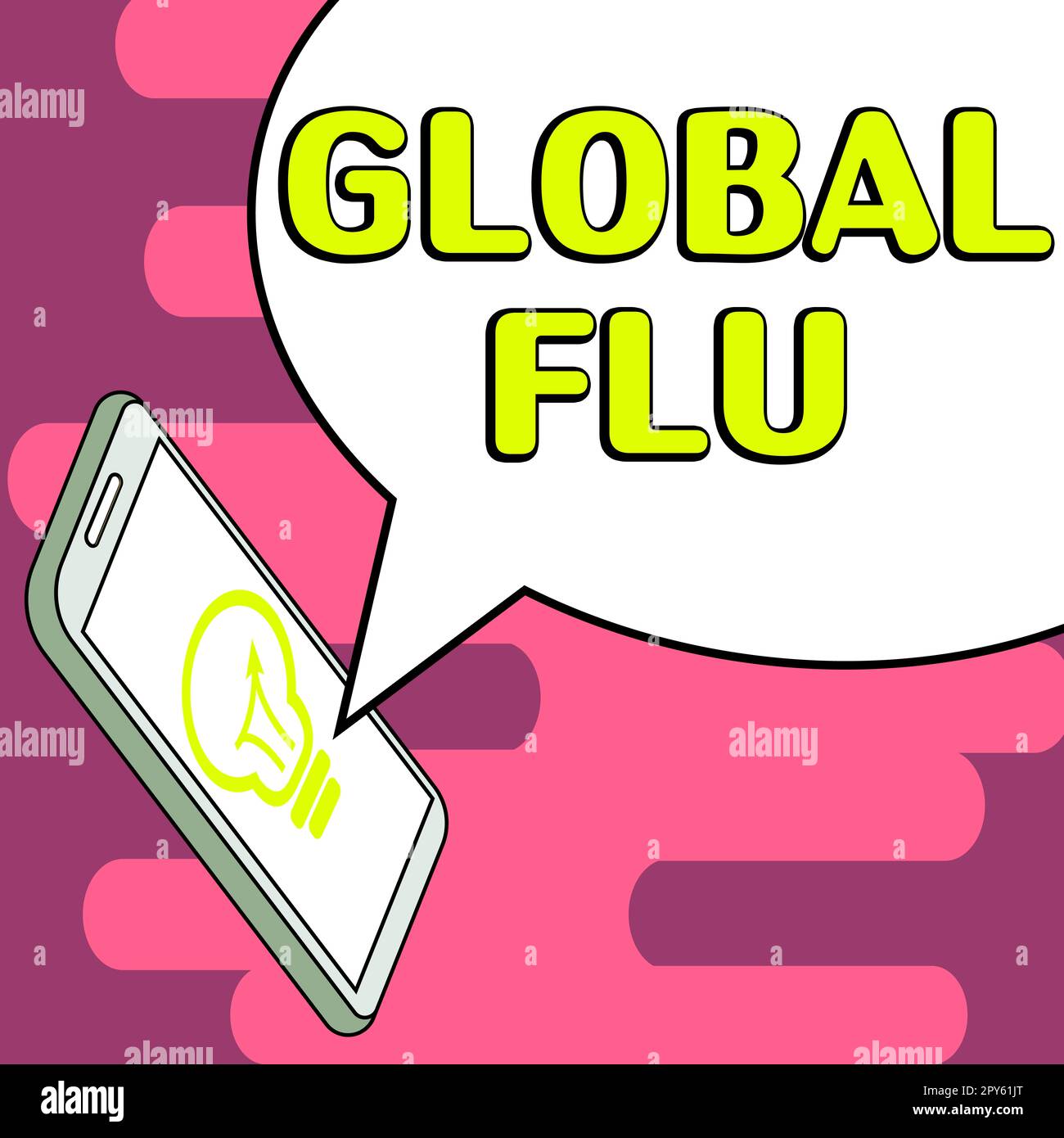 Textzeichen mit globaler Grippe. Das Wort für die gemeinsame übertragbare Krankheit breitet sich schnell über die ganze Welt aus Stockfoto