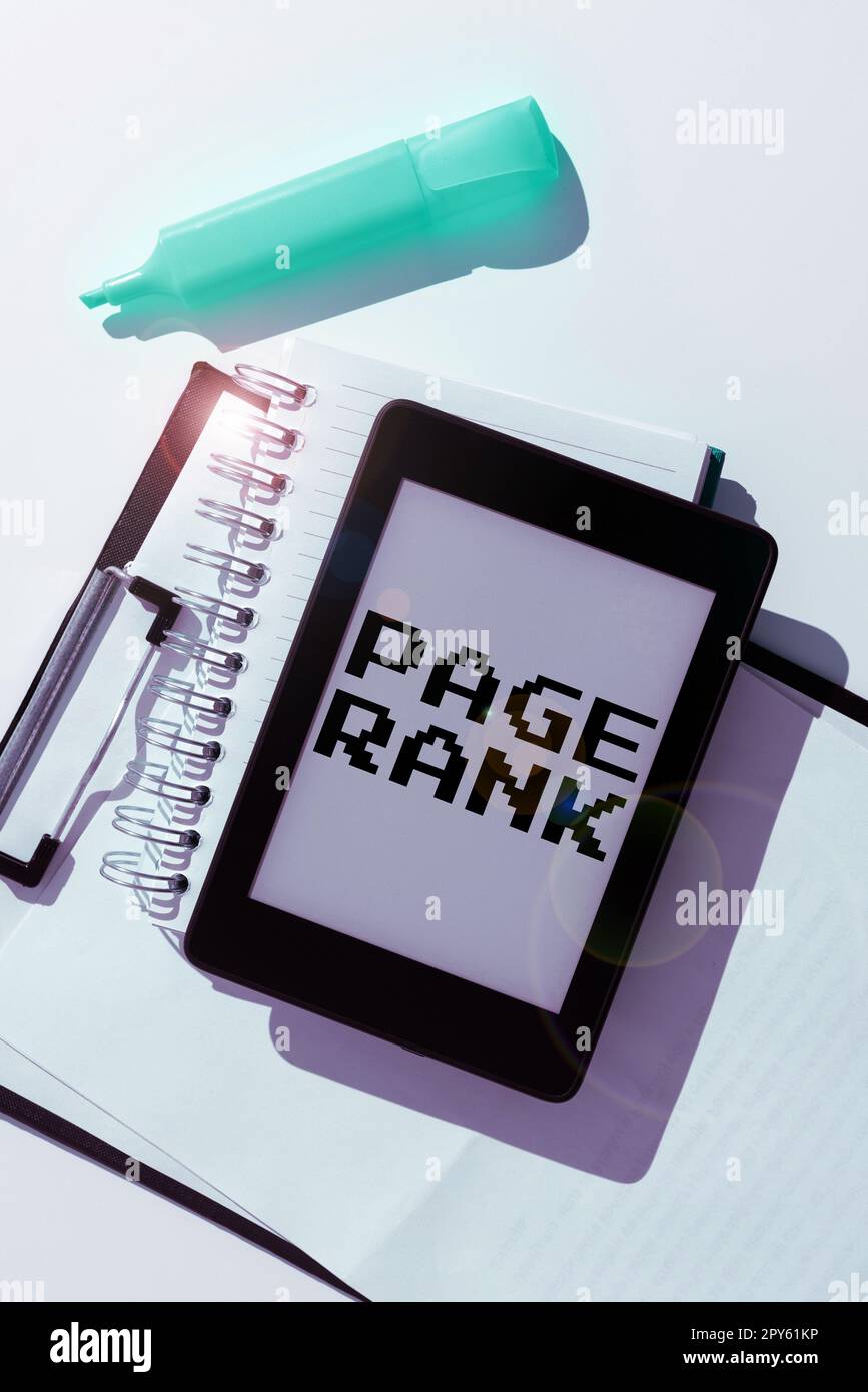 Schreiben mit Anzeige des Textes Seitenrang. Wort für einen Wert, der einer Webseite als Maß für ihre Beliebtheit zugewiesen ist Stockfoto