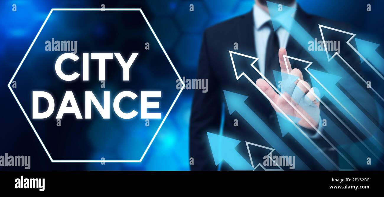 Text mit „Inspiration City Dance“. Geschäftsidee: Tanzen zum Vergnügen oder um andere zu unterhalten Stockfoto