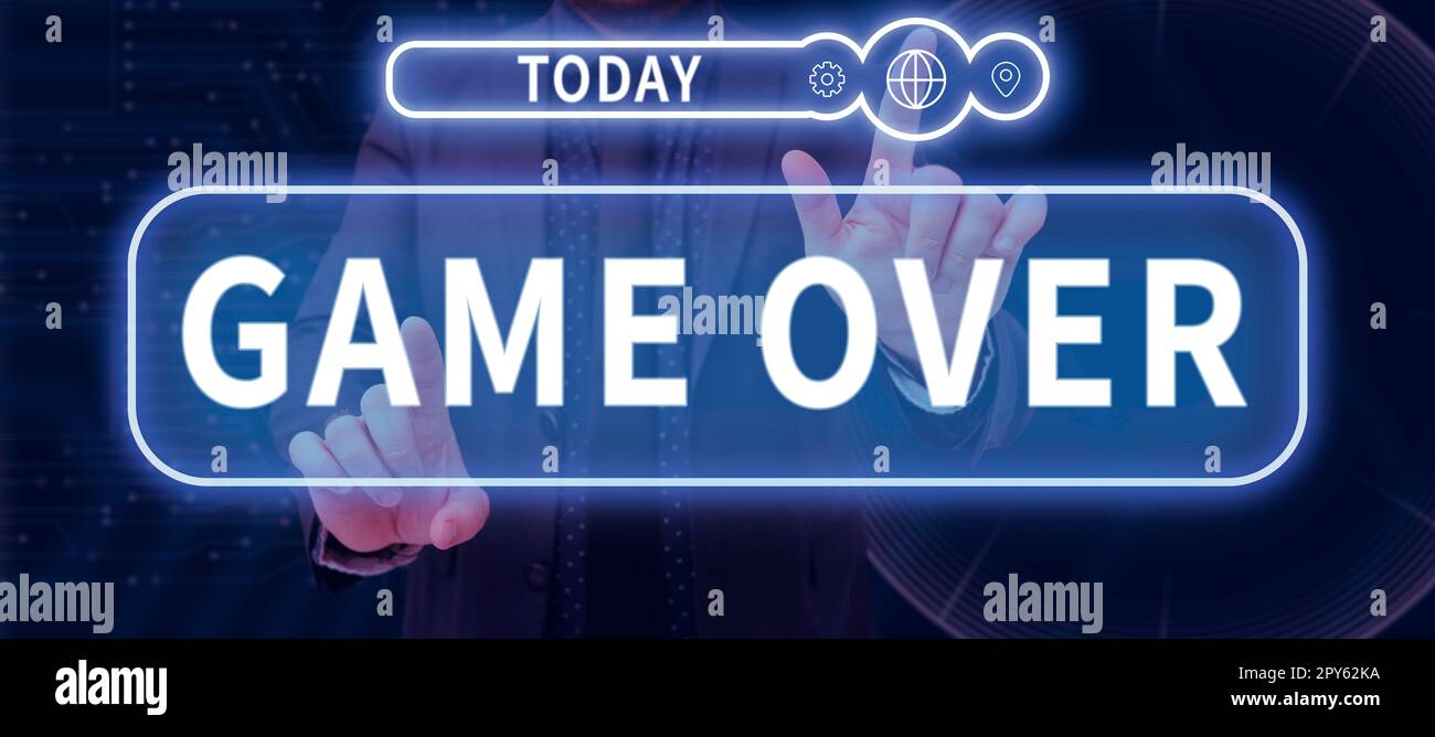 Textschild zeigt Game Over an. Konzeptfoto Eine Situation in einem bestimmten Sport, die sein Finale erreicht oder endet Stockfoto