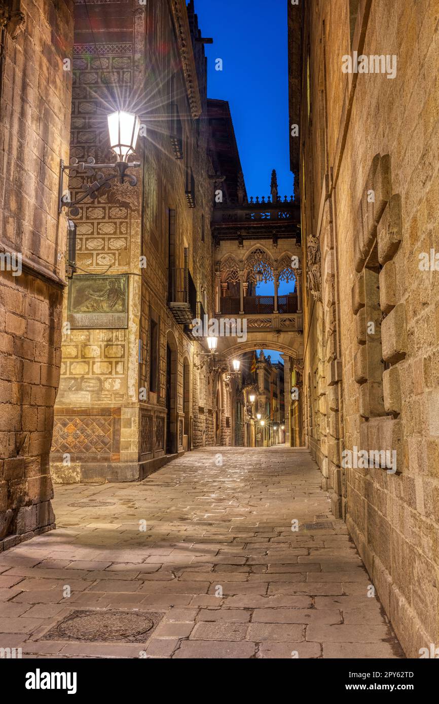 Das historische Barrio Gotico in Barcelona bei Nacht mit der Pont del Bispe Stockfoto
