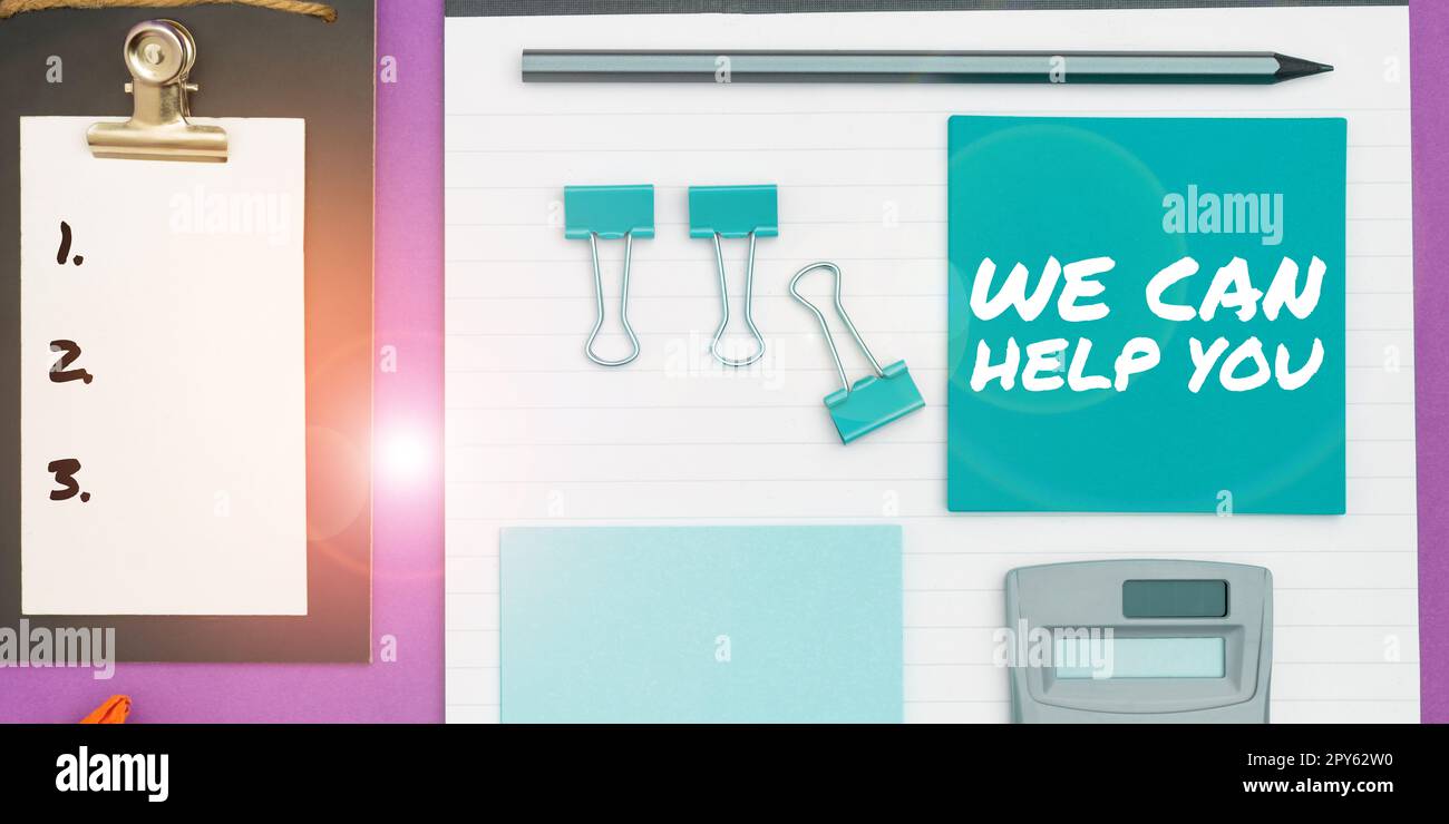 Schild mit „Wir können Ihnen helfen“. Business Showcase Support-Unterstützung, die Kundenservice-Aufmerksamkeit bietet Stockfoto