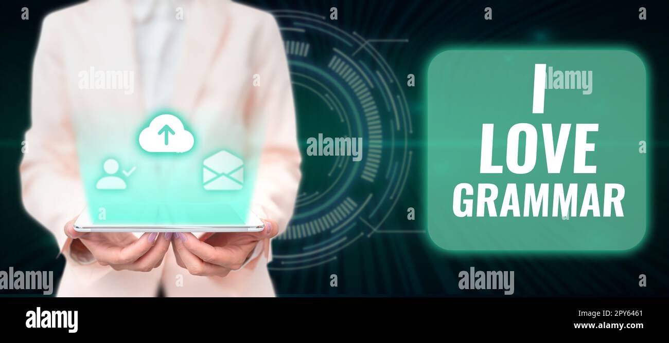 Handschrifttext I Love Grammar. Internetbegriffshandlung des Bewunderungssystems und der Sprachstruktur Stockfoto