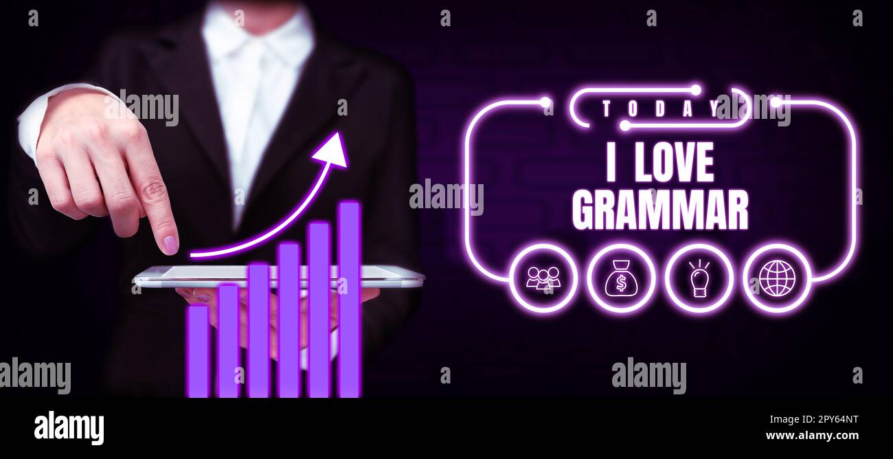 Schreiben mit Text „I Love Grammar“. Internetbegriffshandlung des Bewunderungssystems und der Sprachstruktur Stockfoto