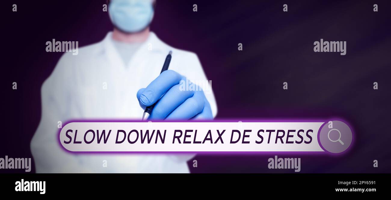 Handgeschriebener Text langsamer Relax De Stress. Das Wort „Break a Break“ reduziert Stress und Ruhe Stockfoto