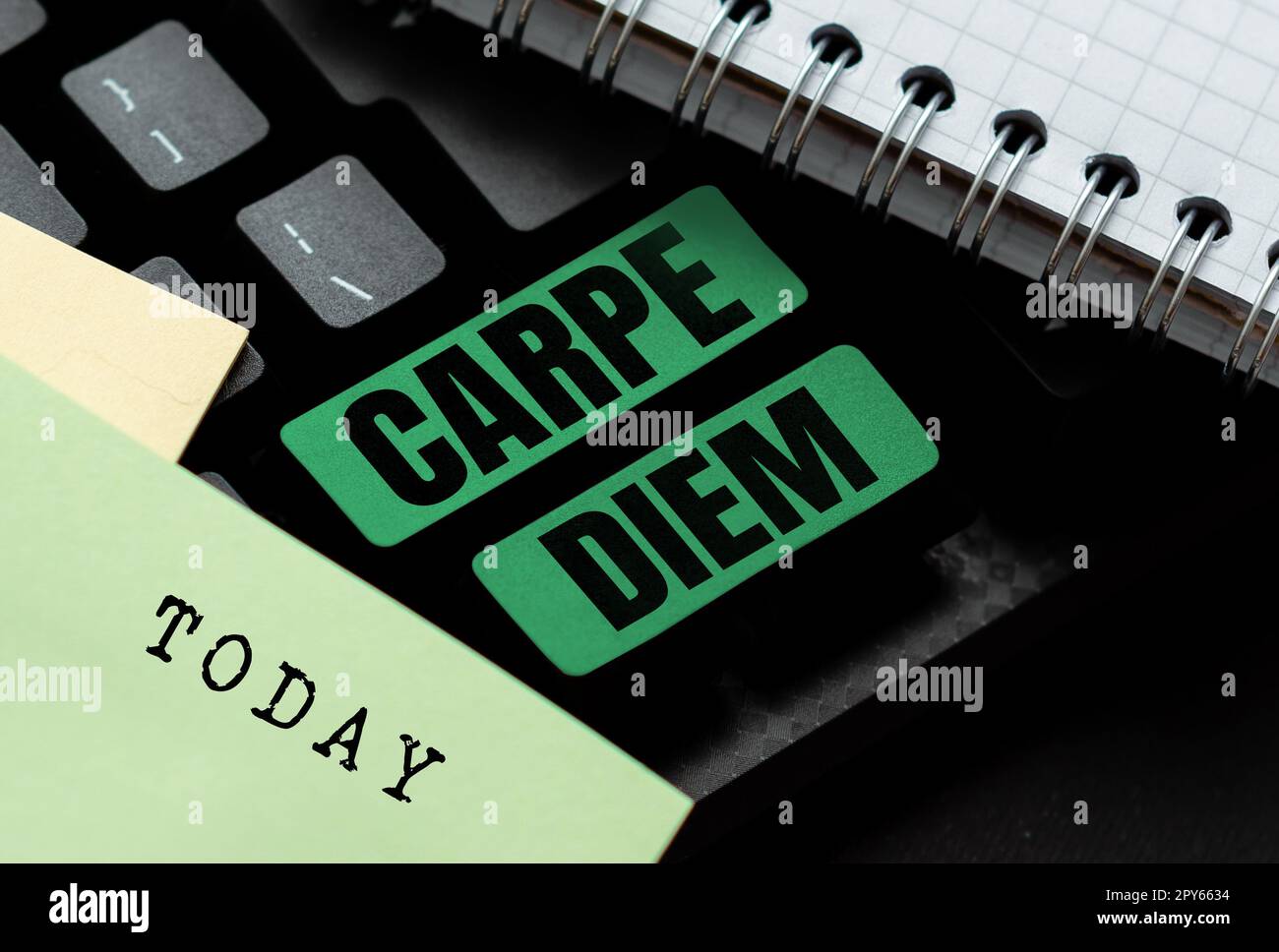 Konzeptionelle Beschriftung Carpe Diem. Das Wort für ein öffentliches Fest, bei dem die Leute Musik und Tanz spielen Stockfoto