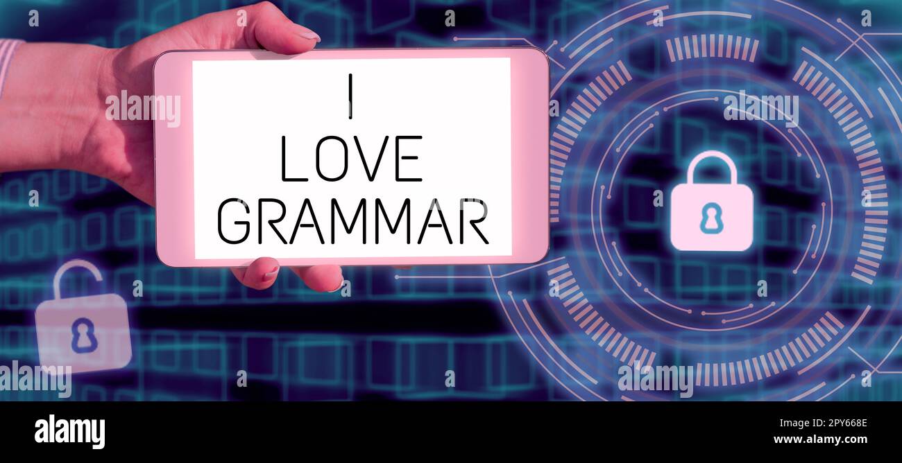 Ein Schild mit der Aufschrift „I Love Grammar“. Geschäftsbegriffshandlung des Bewunderungssystems und der Sprachstruktur Stockfoto