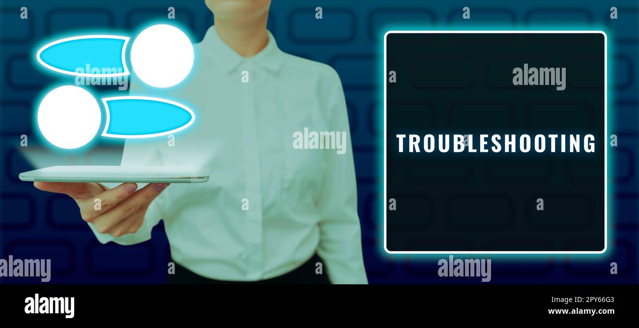 Fehlersuche bei der konzeptionellen Anzeige. Es ist ein Wort über eine Handlung der Untersuchung oder des Umgangs mit den Problemen aufgetaucht Stockfoto