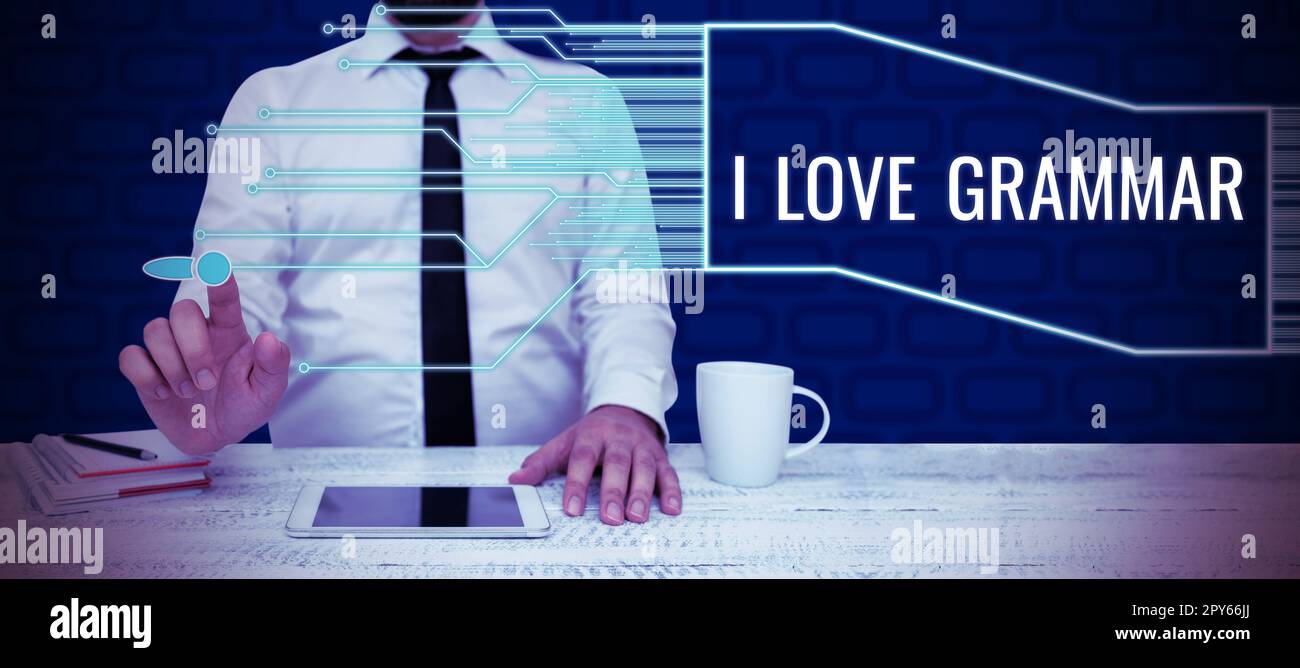 Konzeptionelle Darstellung Ich liebe Grammatik. Internetbegriffshandlung des Bewunderungssystems und der Sprachstruktur Stockfoto