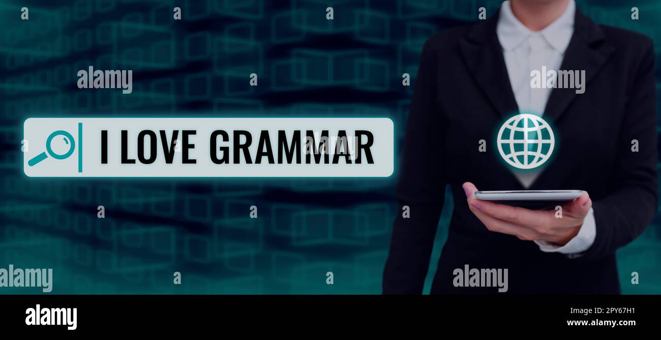 Text, der Inspiration I Love Grammar zeigt. Internetbegriffshandlung des Bewunderungssystems und der Sprachstruktur Stockfoto