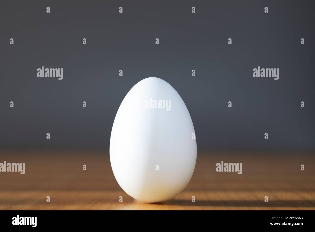 Weißes Ei auf grauem Hintergrund in der Mitte auf einem Holztisch. Design, visuelle Kunst, minimalistisches Essenskonzept Stockfoto