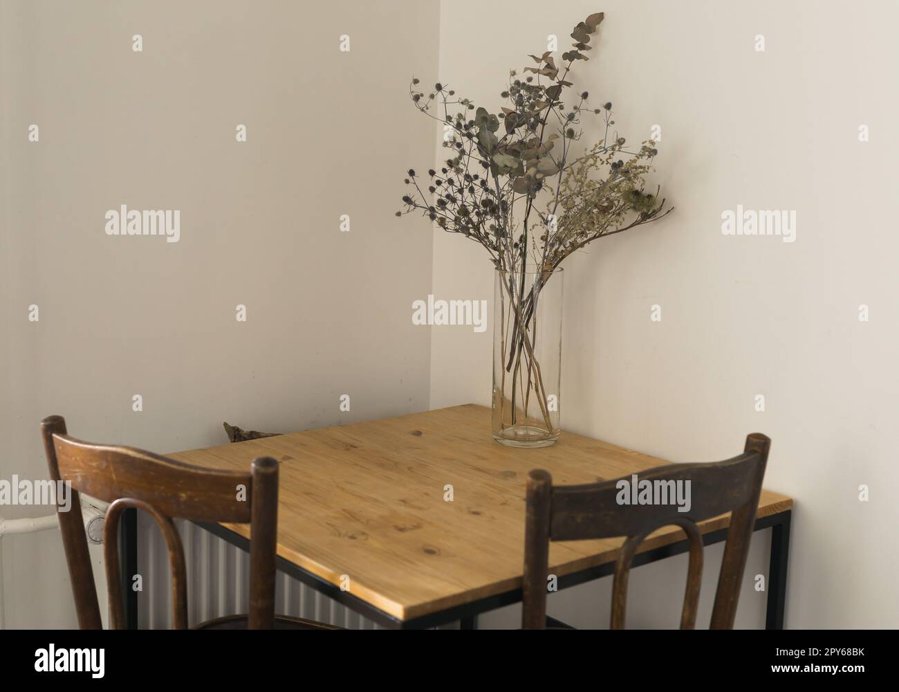 Trockene Pflanzen im minimalistischen Glasgefäß. Vertikales Bild eines Astes mit trockenen Blättern in einer eleganten, einfachen Glasvase. Dekoration und Innendesign Stockfoto