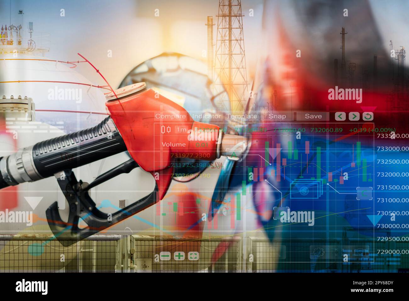 Autotankung an der Tankstelle. Tanken Sie Benzin nach. Lagertank für Industriegase und Erdölraffinerieanlage für Unschärfe. Benzinindustrie. Benzinpreis und Ölkrisenkonzept. Börsendiagramm Stockfoto