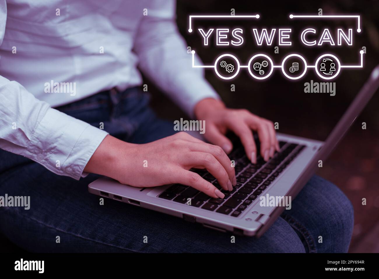 Inspiration mit Schild „Ja, wir können nicht.“ Die Motivation des Internet-Konzepts, etwas zu tun, ist stark genug, um weiterzumachen Stockfoto