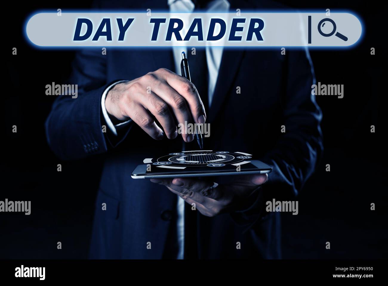 Schild mit der Aufschrift „Day Trader“. Wort für Eine Person, die Finanzinstrumente innerhalb eines Tages kauft und verkauft Stockfoto