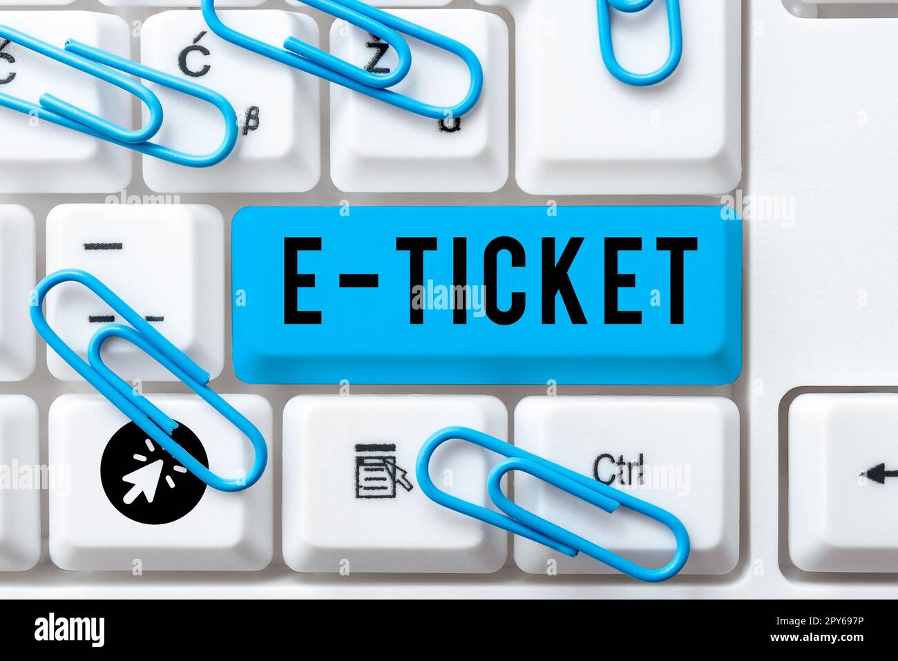 Schild mit E-Ticket. Buchung von Flügen nach Geschäftsansatz, für die die Details elektronisch registriert werden Stockfoto