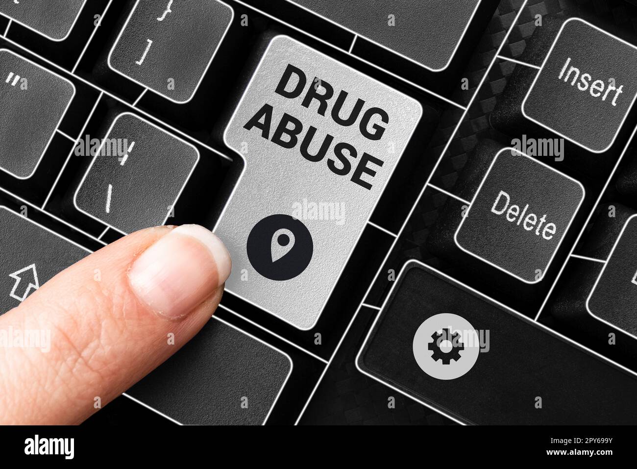 Konzeptionelle Darstellung des Drogenmissbrauchs. Begriff "zwanghafte Droge" auf der Suche nach dem gewohnheitsmäßigen Konsum illegaler Drogen Stockfoto