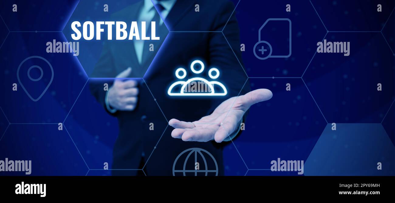 Konzeptionelle Anzeige Softball. Wort für eine Sportart ähnlich wie bei einem Baseballspiel, das mit einem Ball und einem Schläger gespielt wird Stockfoto