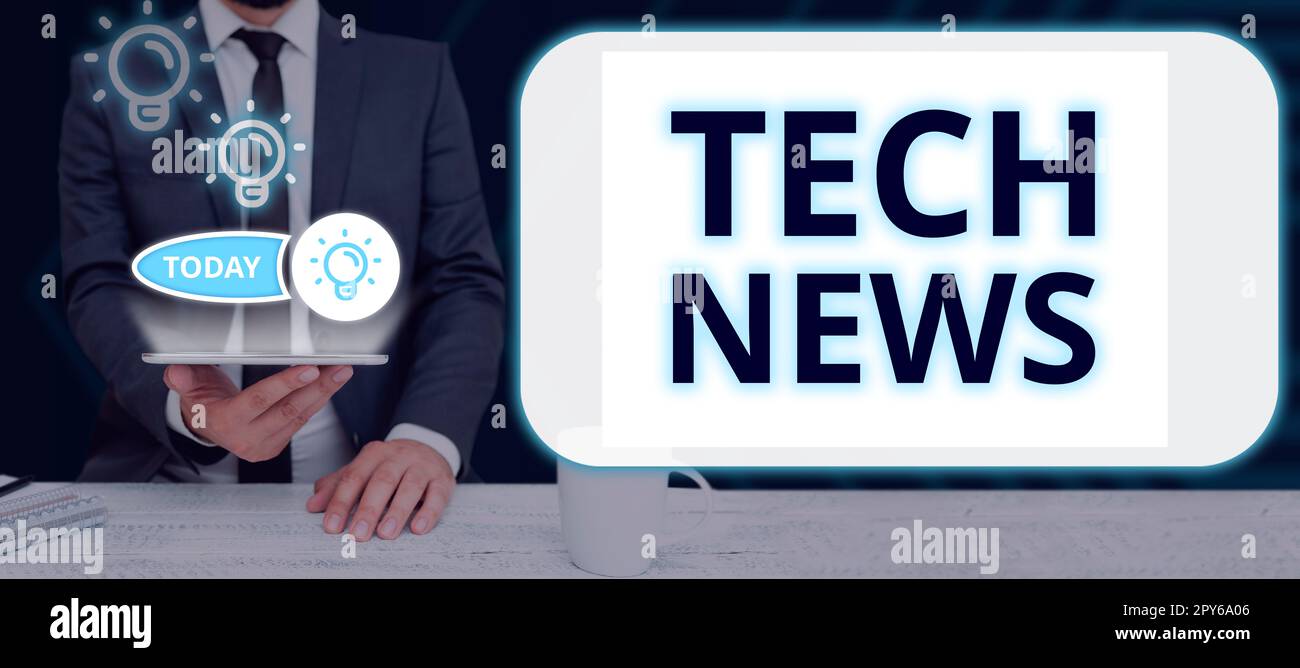 Konzeptunterschrift Tech News. Geschäftskonzept neu erhalten oder wichtige Informationen über Technologie Stockfoto
