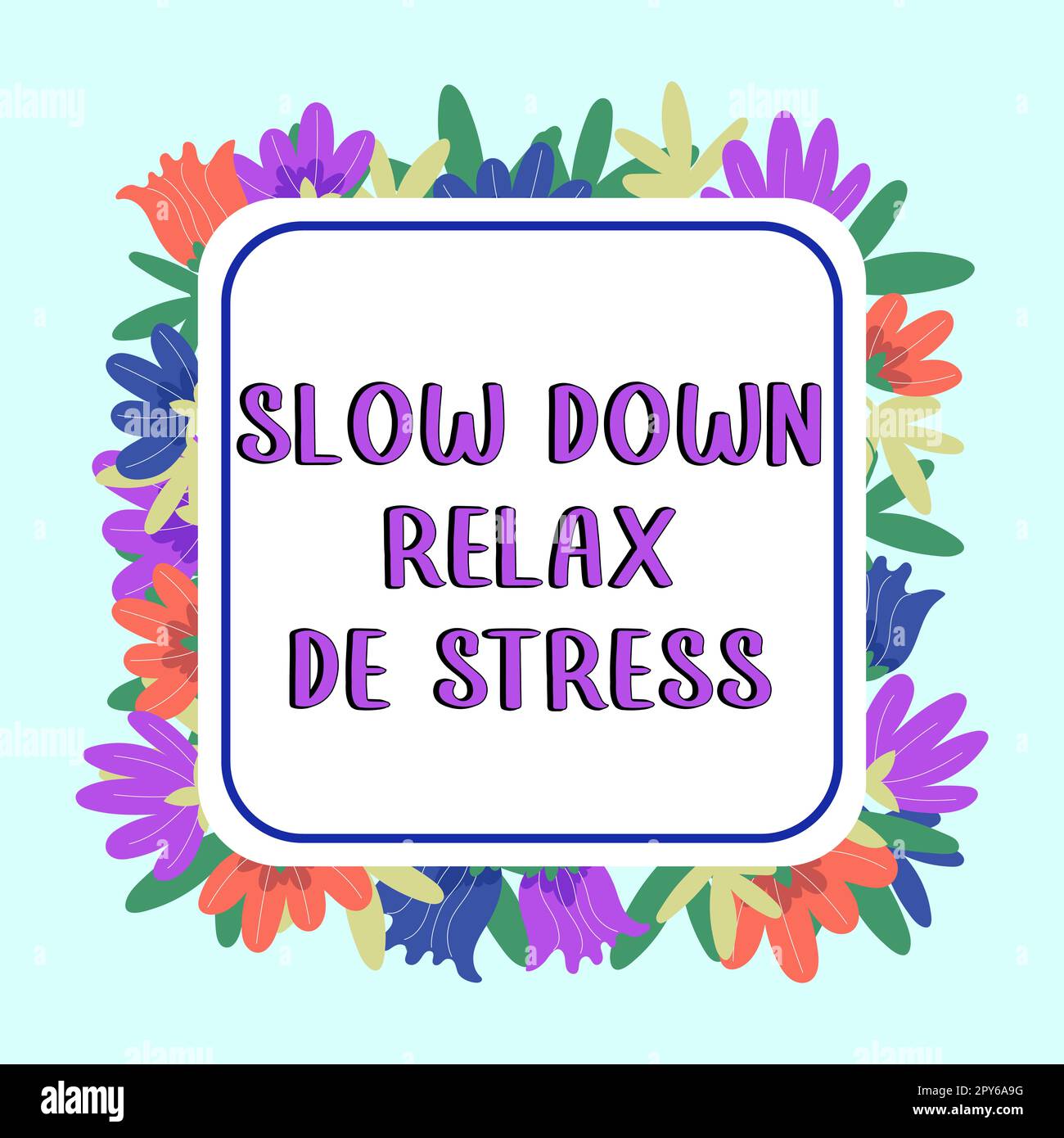 Schild mit der Anzeige Slow Down Relax De Stress. Das Wort „Break a Break“ reduziert Stress und Ruhe Stockfoto