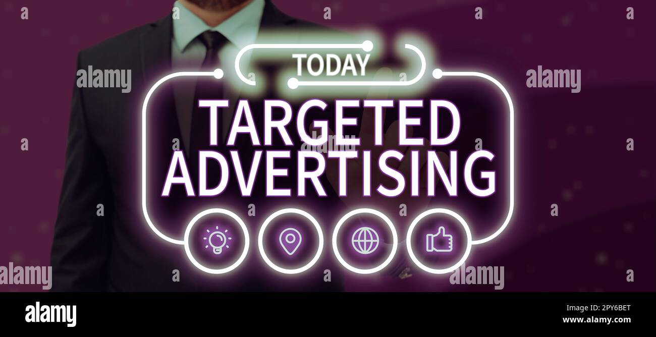 Inspiration zeigt Zeichen gezielte Werbung. Unternehmensübersicht Online-Werbung Anzeigen basierend auf Verbraucheraktivitäten Stockfoto
